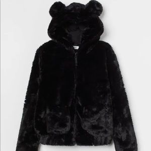 H&M Girls Faux Fur Black Jacket Hoodie - size 16-18 Youth